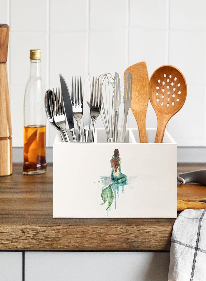 KBRCT Coastal Beach Mermaid Wooden Utensils Holder, Coastal Kitchen Decor, Watercolor Green Mermaid Wood Cooking Utensil Holder Organizer for Kitchen Countertop Counter Decor - Image 4